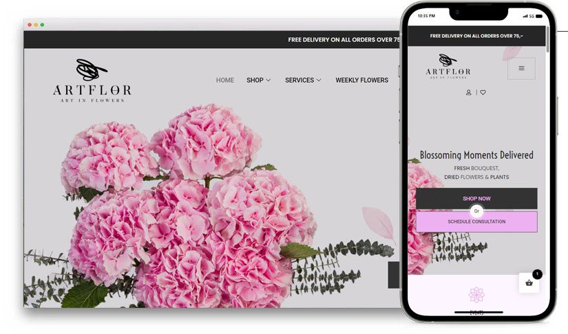Artflor by Flowers & Powers website design shown on desktop and mobile