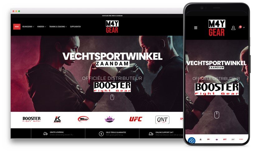 M4Y Gear website design shown on desktop and mobile